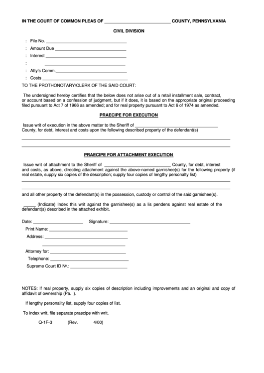 Fillable Form Q-1f-3 - Praecipe For Execution Form - Court Of Common Pleas - Pennsylvania Printable pdf