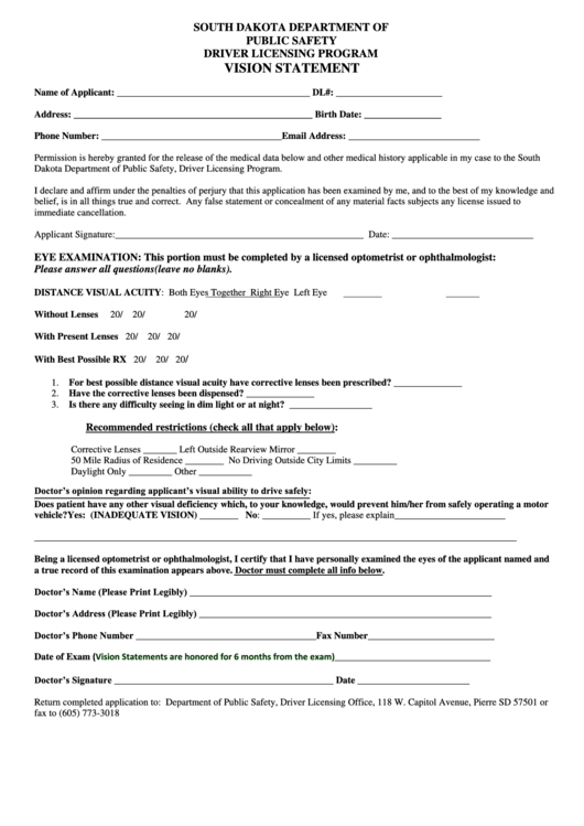 Vision Statement Form - Department Of Public Safety - Driver Licensing Program Printable pdf