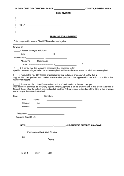 Fillable Form M-2f-1 - Praecipe For Judgment Form - Court Of Common Pleas - Pennsylvania Printable pdf
