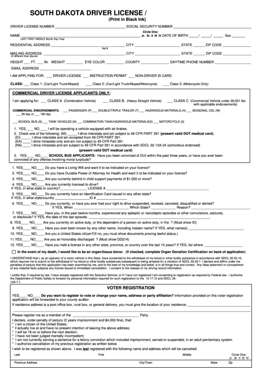 South Dakota Driver License / I.d. Card Application Form Printable pdf