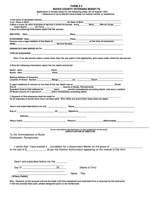 Form 2 - Bucks County Veterans Benefits Form - Commissioners Of Bucks - Pennsylvania Printable pdf