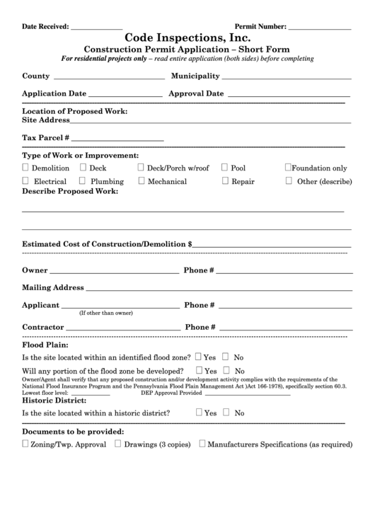 Construction Permit Application Short Form Printable pdf