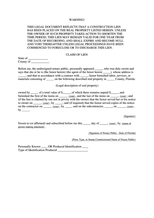 Claim Of Lien Form Printable pdf
