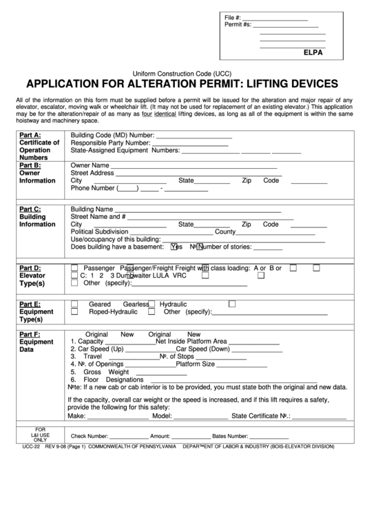 Form Ucc-22 - Application For Alteration Permit - Lifting Devices Printable pdf