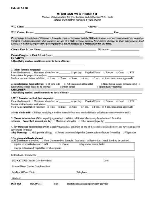 Form Dch-1326 - Michigan Wic Program - Infants And Children (Through 4 Years Of Age) Form - Michigan Printable pdf