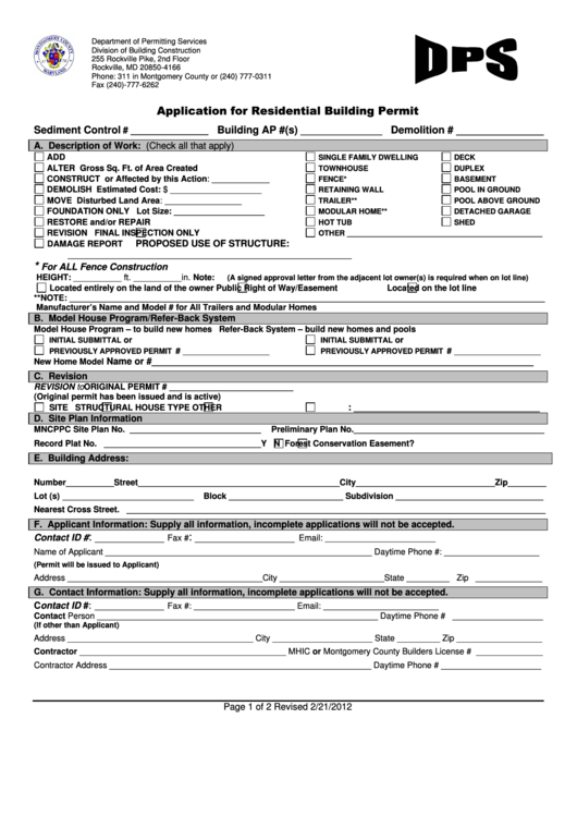 Application Form For Residential Building Permit Printable pdf