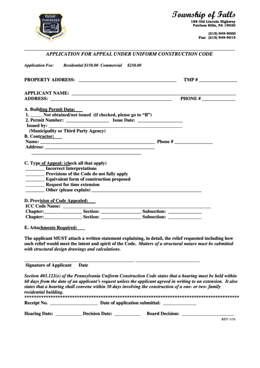 Application Form For Appeal Under Uniform Construction Code