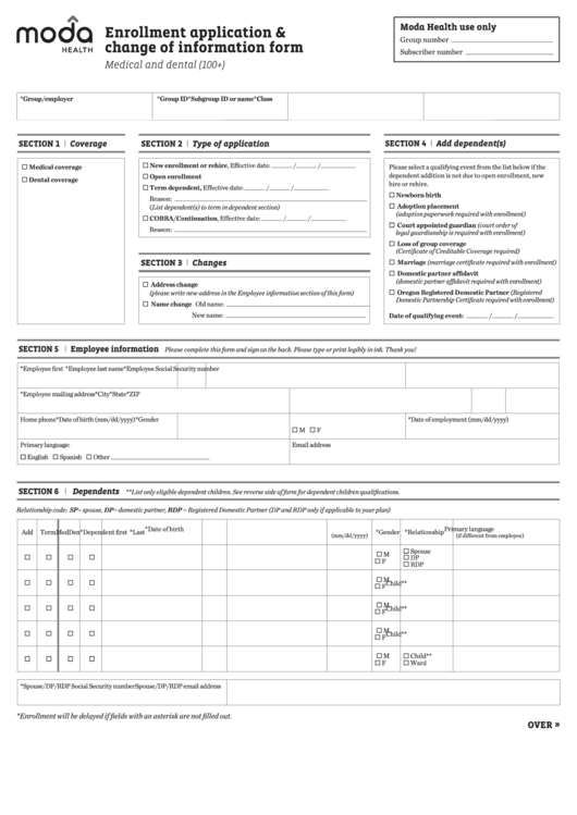 Enrollment Application & Change Of Information Form Printable pdf