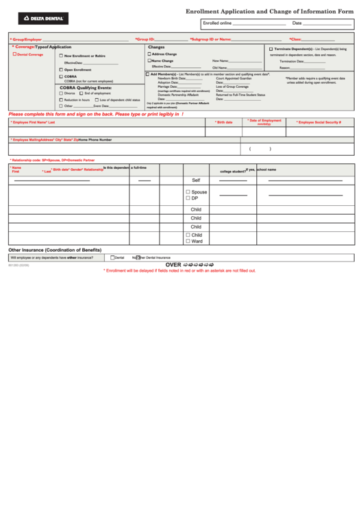 Enrollment Application And Change Of Information Form Printable pdf