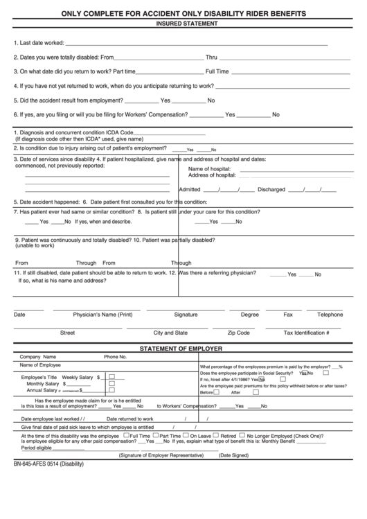 Accident Only Disability Rider Benefits Form printable pdf download