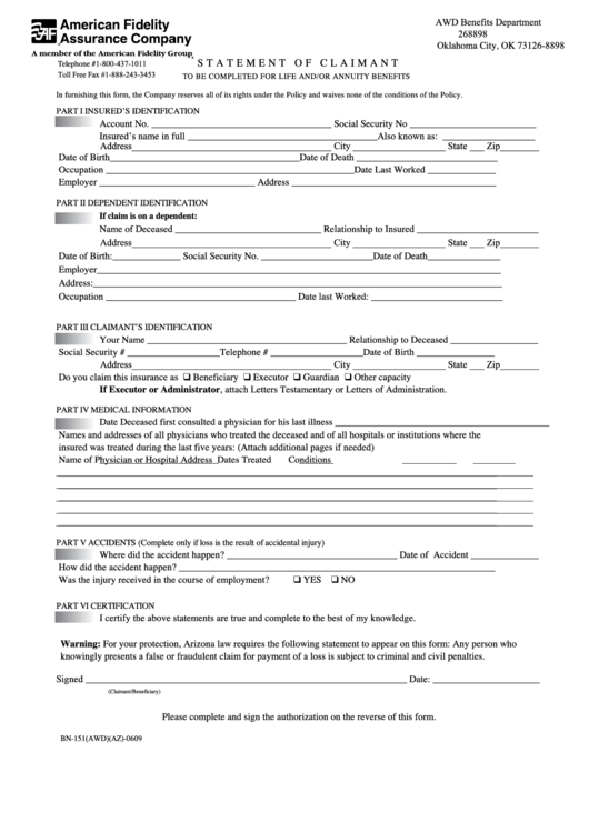 Statement Of Claimant For Life And/or Annuity Benefits Form Printable pdf