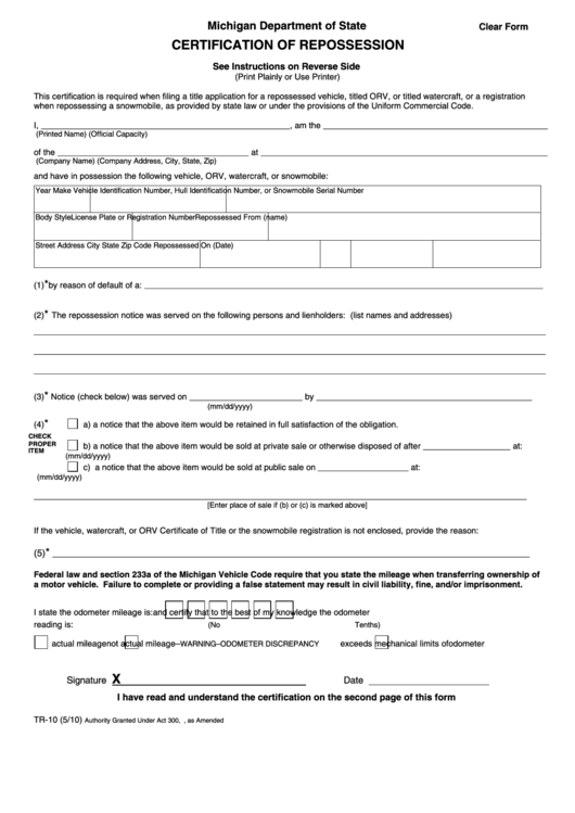 Fillable Form Tr-10 - Certification Of Repossession - Michigan Department Of State Printable pdf