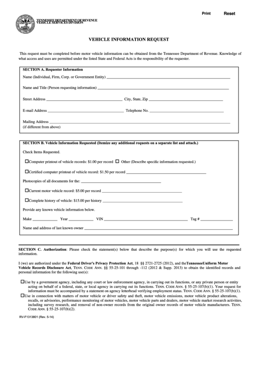 Fillable Form Rv-F1313801 - Vehicle Information Request Printable pdf