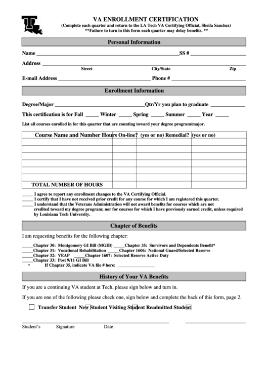 Fillable Va Enrollment Certification Form Printable pdf