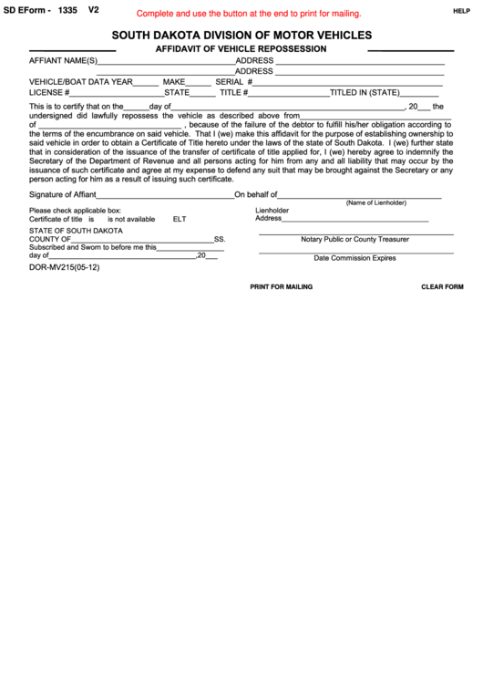 Fillable Form Dor-Mv215 - Affidavit Of Vehicle Repossession Printable pdf