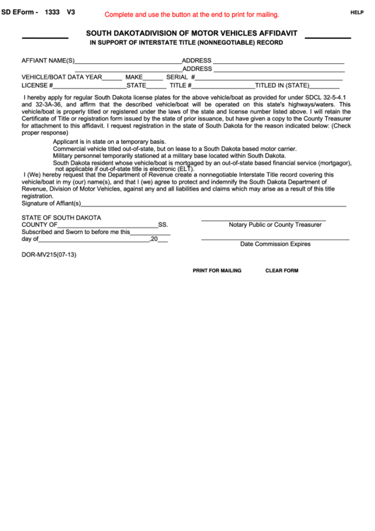 Fillable Form Dor-Mv215 - Affidavit In Support Of Interstate Title (Nonnegotiable) Printable pdf