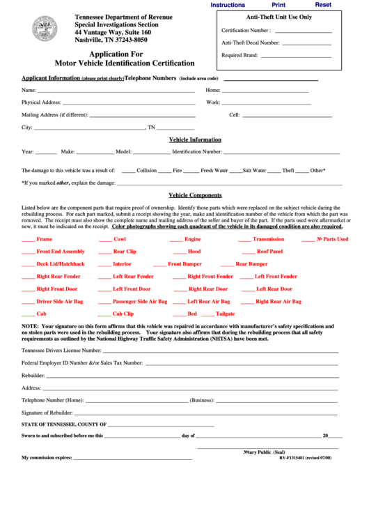 Fillable Form Rv-F1315401 - Application For Motor Vehicle Identification Certification Printable pdf