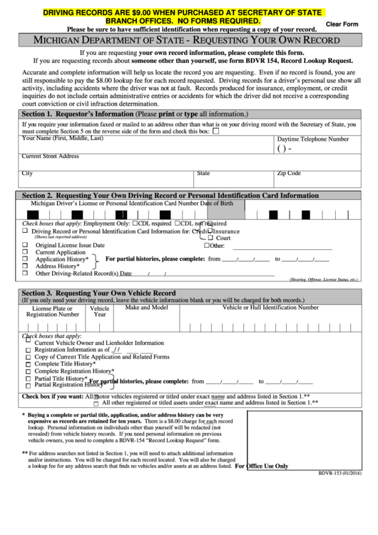 Fillable Form Bdvr-153 - Requesting Your Own Record - Michigan Department Of State Printable pdf