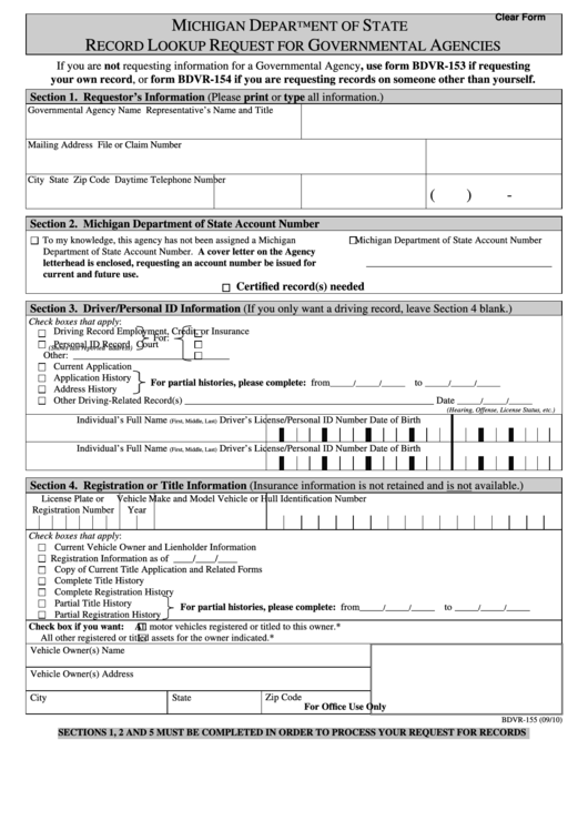 Fillable Form Bdvr-155 - Record Lookup Request For Governmental Agencies - Michigan Department Of State Printable pdf