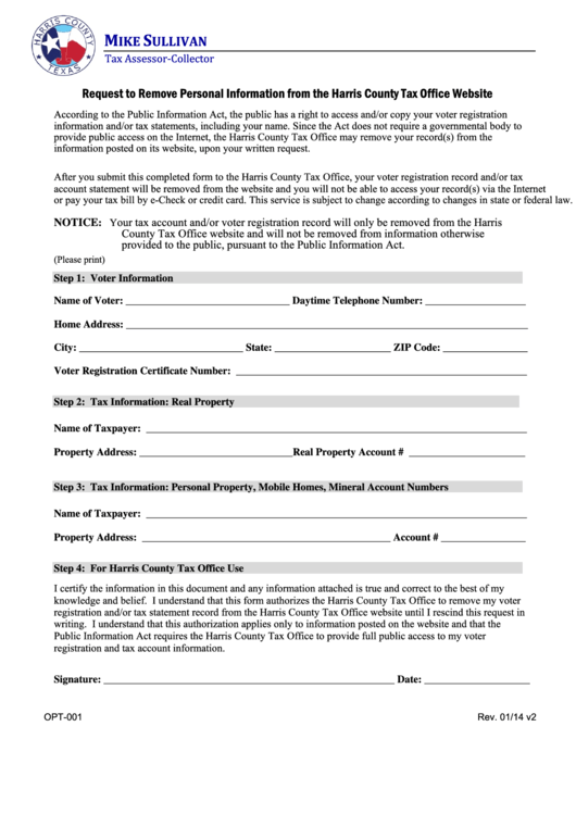 Fillable Form Opt-001 - Request To Remove Personal Information From The Harris County Tax Office Website Printable pdf