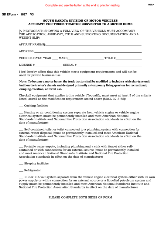Fillable Form Mv-315 - Affidavit For Truck Tractor Converted To A Motor Home Printable pdf