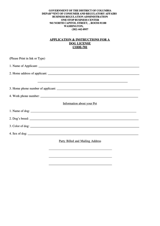 Form Bra-4 - Application & Instructions For A Dog License Code-701 Printable pdf