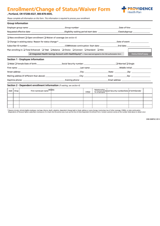 Form Pgc-or Sm Enroll - Enrollment/change Of Status/waiver Form - 2015