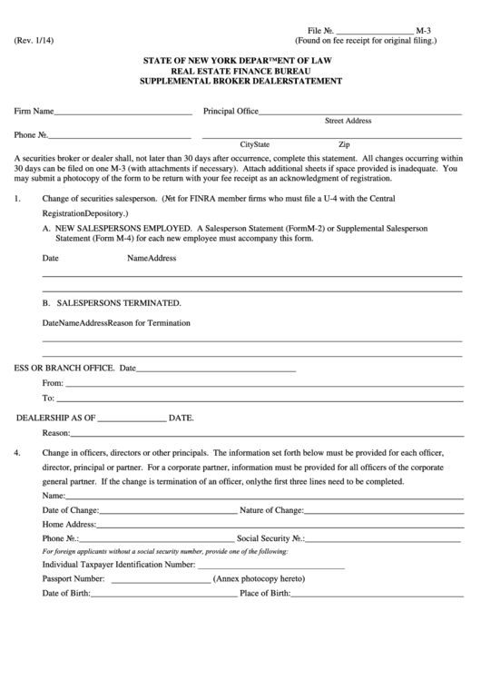 Fillable Form M-3 -Supplemental Broker Dealer Statement - State Of New York Department Of Law - 2014 Printable pdf