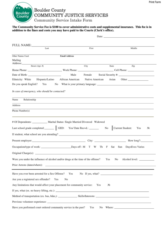 Community Services Intake Form - Boulder County Community Justice Services