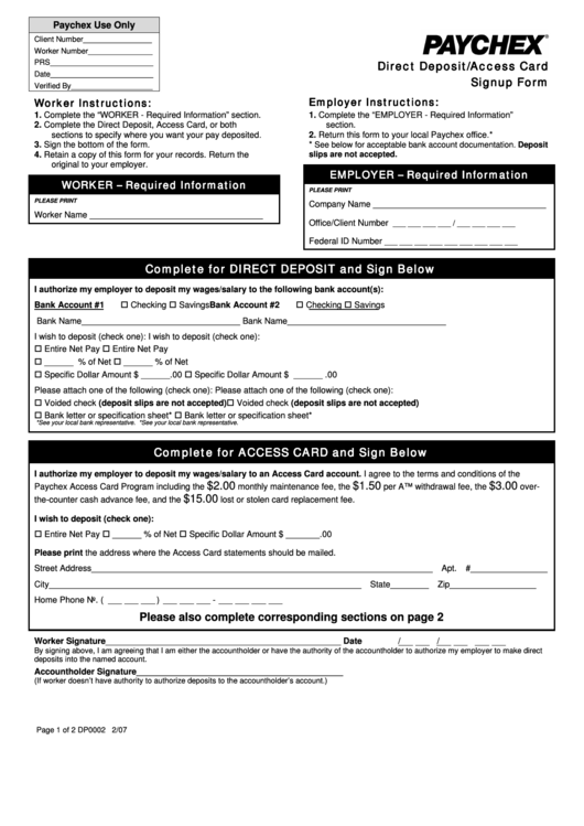 Direct Deposit/access Card Signup Form Printable pdf