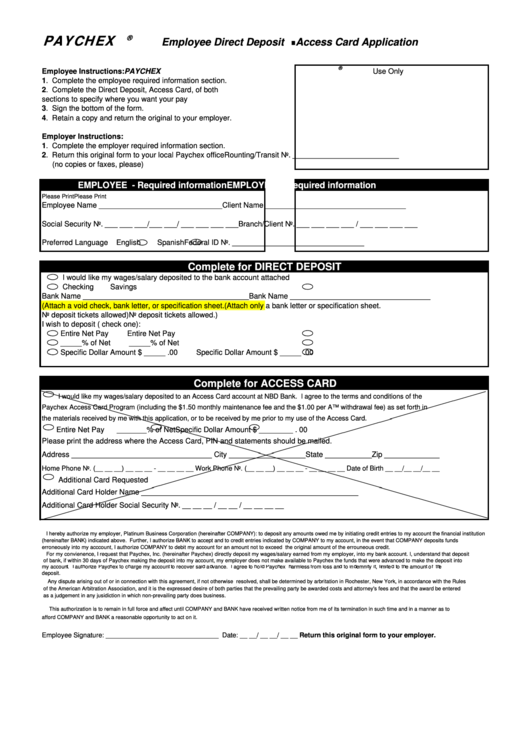 Fillable Employee Direct Deposit Access Card Application Form Printable pdf
