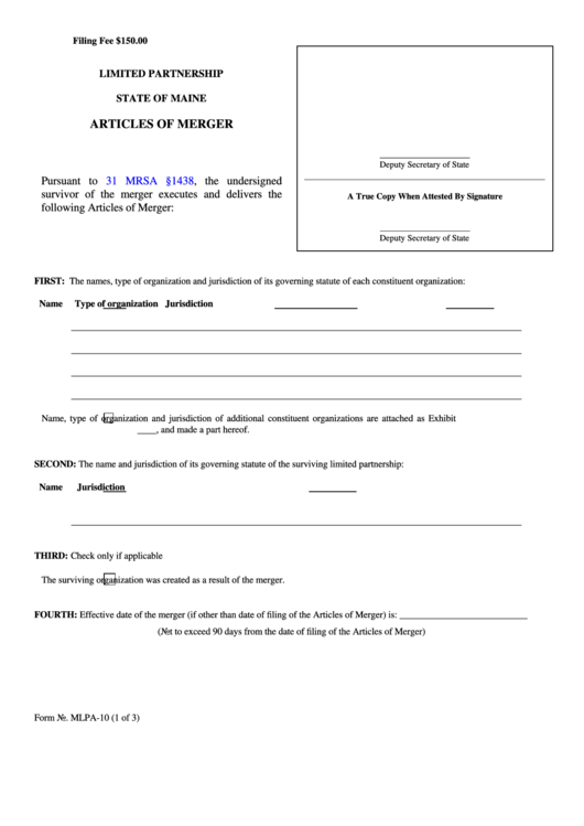 Fillable Form Mlpa-10 - Articles Of Merger Printable pdf
