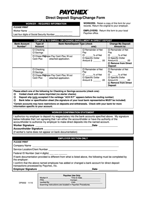 Fillable Direct Deposit Signup/change Form Printable pdf