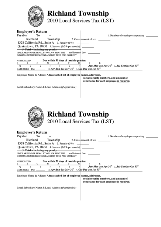 Local Services Tax Form - Richland Township - 2010 printable pdf download