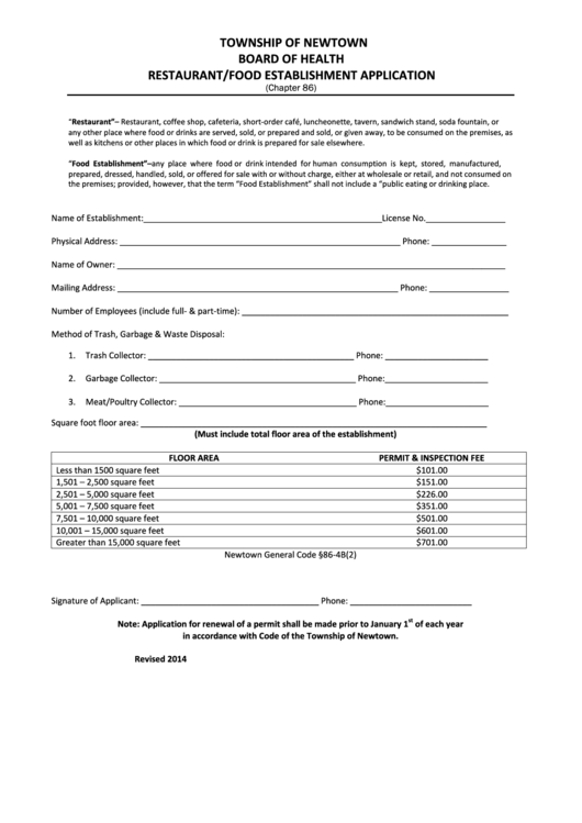 Restaurant/food Establishment Application Form Printable pdf