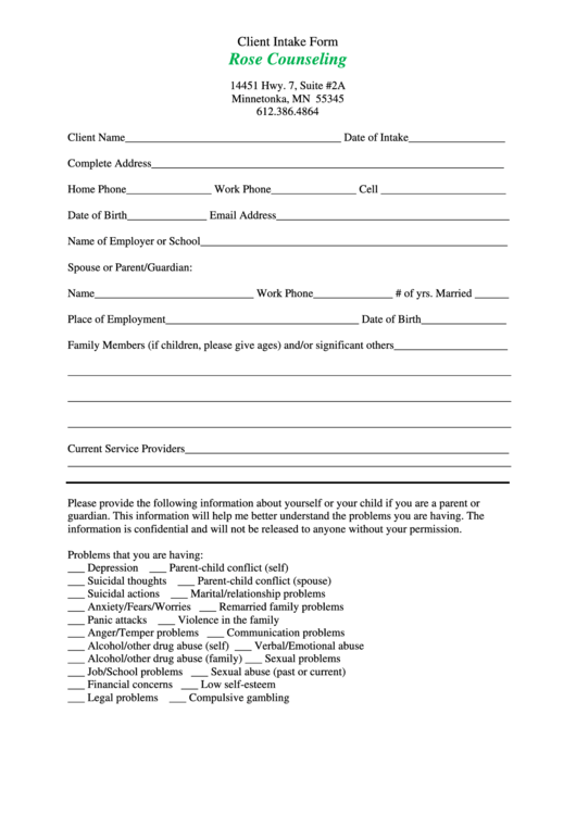 Fillable Client Counseling Intake Form Printable pdf