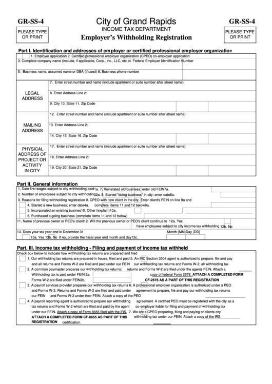 Form Gr-ss-4 - Employer's Withholding Registration - City Of Grand Rapids