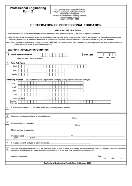 Form 2 - Certification Of Professional Education Form Printable pdf