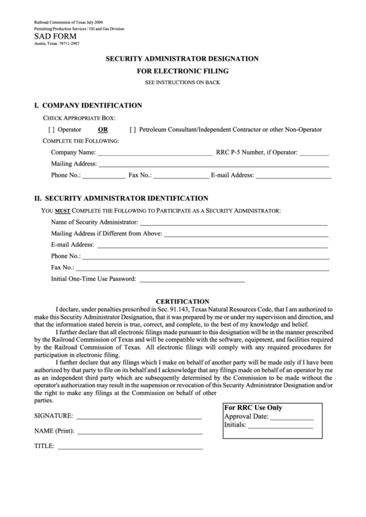 Security Administrator Designation For Electronic Filing Form - Railroad Commission Of Texas Printable pdf