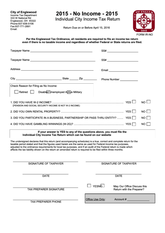 Form Ir-No - No Income - Individual City Income Tax Return - 2015 - City Of Englewood Printable pdf