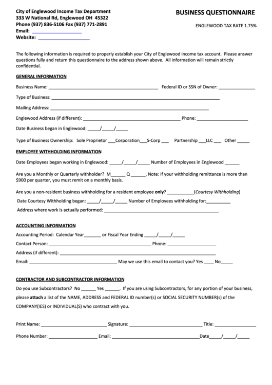 Business Questionnaire Form - City Of Englewood Income Tax Department Printable pdf