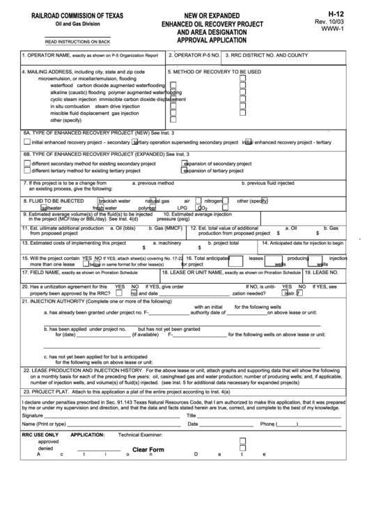 Fillable Form H-12 - New Or Expanded Enhanced Oil Recovery Project And Area Designation Approval Application - Railroad Commission Of Texas Printable pdf