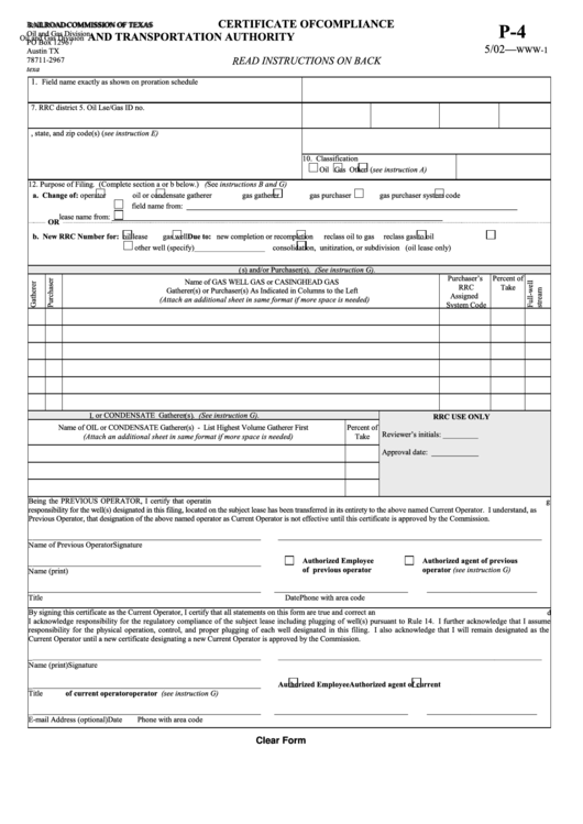 Fillable Form P-4 - Certificate Of Compliance And Transportation Authority - Railroad Commission Of Texas Printable pdf