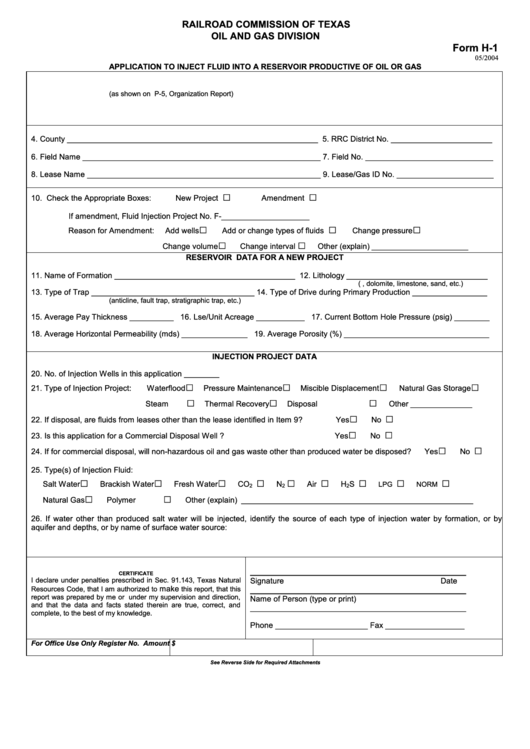 Form H-1 - Application To Inject Fluid Into A Reservoir Productive Of Oil Or Gas - Railroad Commission Of Texas Printable pdf