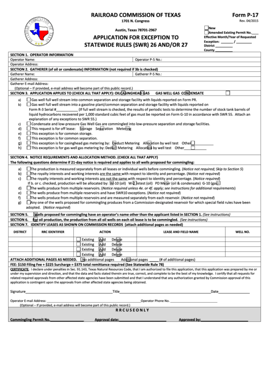 Form P-17 - Application For Exception To Statewide Rules (Swr) 26 And/or 27 - Railroad Commission Of Texas Printable pdf