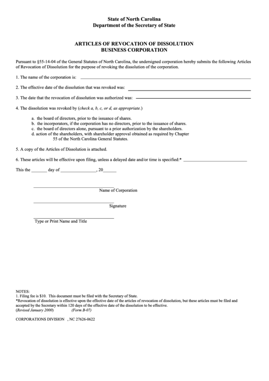 Fillable Form B-07 - Articles Of Revocation Of Dissolution Business Corporation Printable pdf