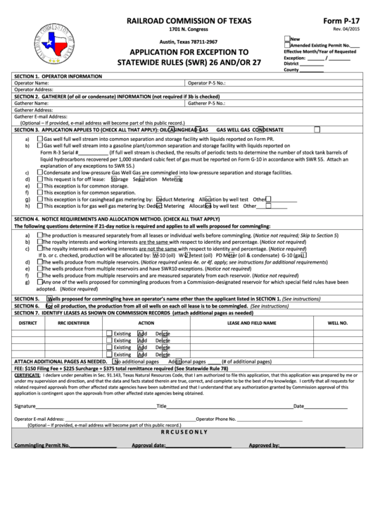 Fillable Form P-17 - Application For Exception To Statewide Rules (Swr) 26 And/or 27 - Railroad Commission Of Texas Printable pdf