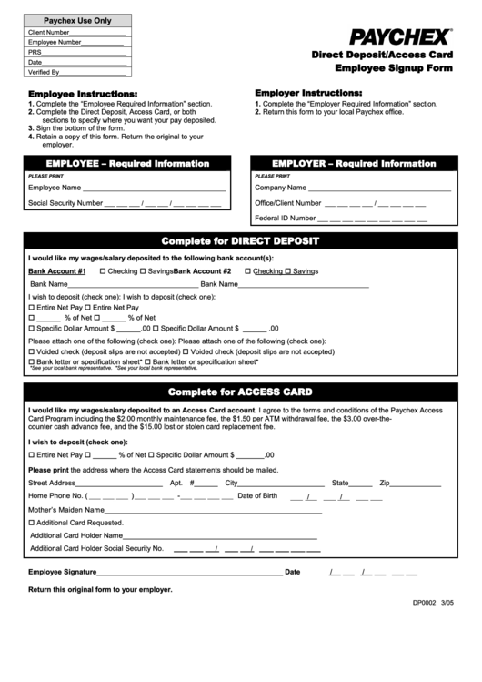 Direct Deposit/access Card Employee Signup Form Printable pdf