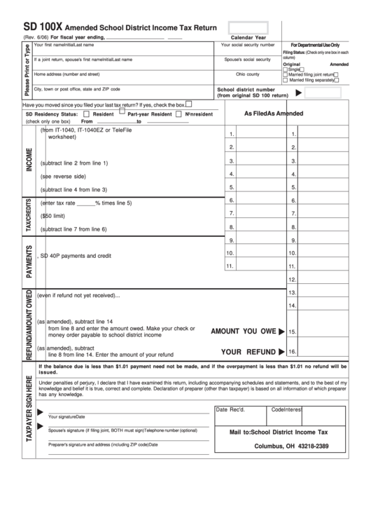 Fillable Form Sd 100x - Amended School District Income Tax Return Printable pdf
