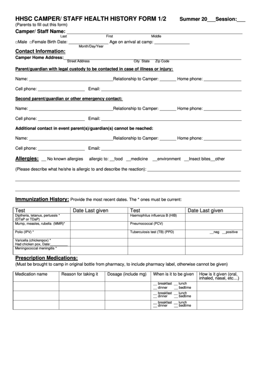 Hhsc Camper/ Staff Health History Form 1/2 Printable pdf